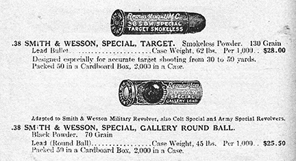 Cut of 1923 Remington Catalog on page 124, showing 38 Special 130-grain Special Target smokeless load, and 38 Special Roundball load with ball seated down on powder.